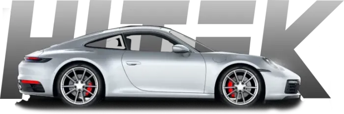 Silver Porsche car with red brake calipers, text