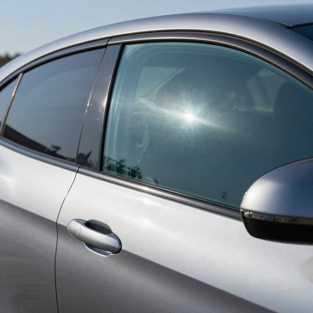 Silver car side view with tinted windows reflecting sunlight.