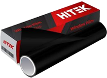 Roll of black window film next to its box labeled