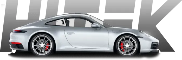 Silver Porsche car in front of the gray words
