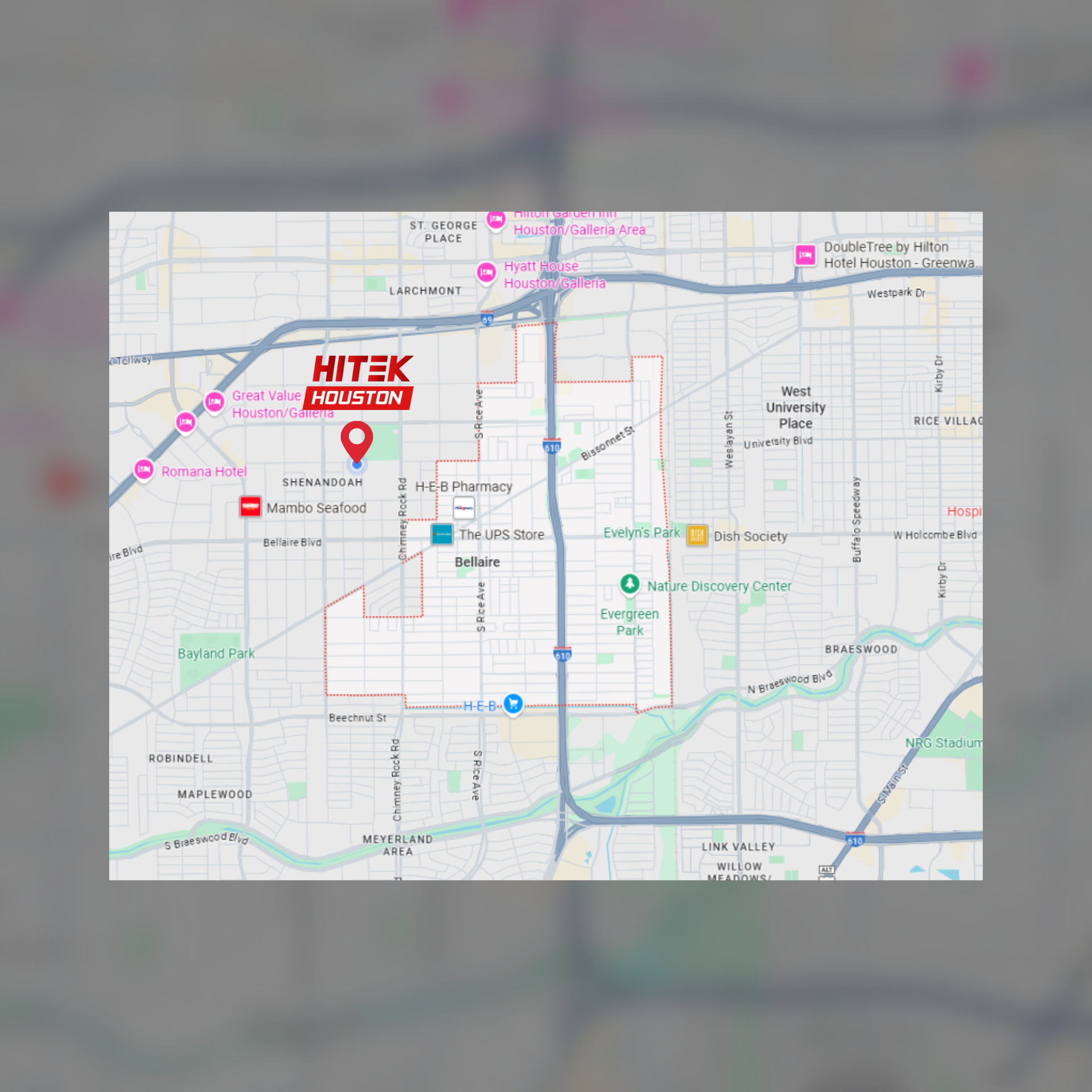 Map showing a red marker for Hitek, a business location, in an urban area.