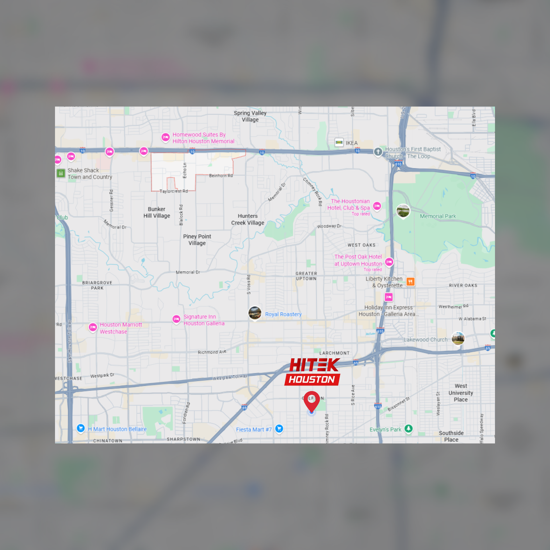 Map showing a red marker for Hitek, a business location, in an urban area.