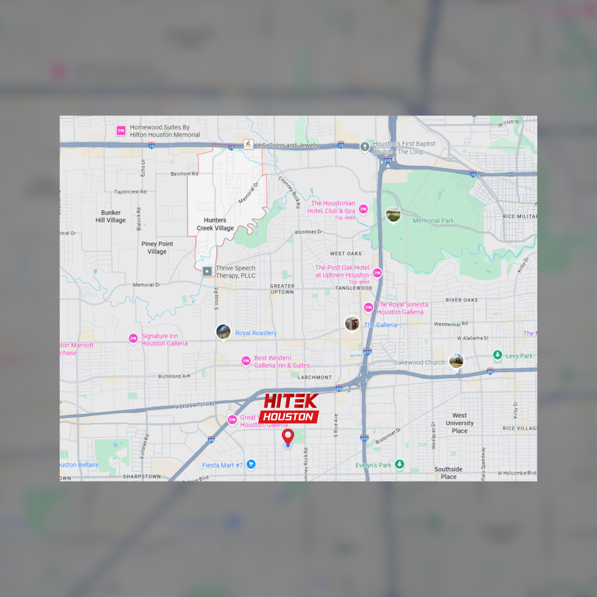 Map of Houston, Texas, with a pin marking 