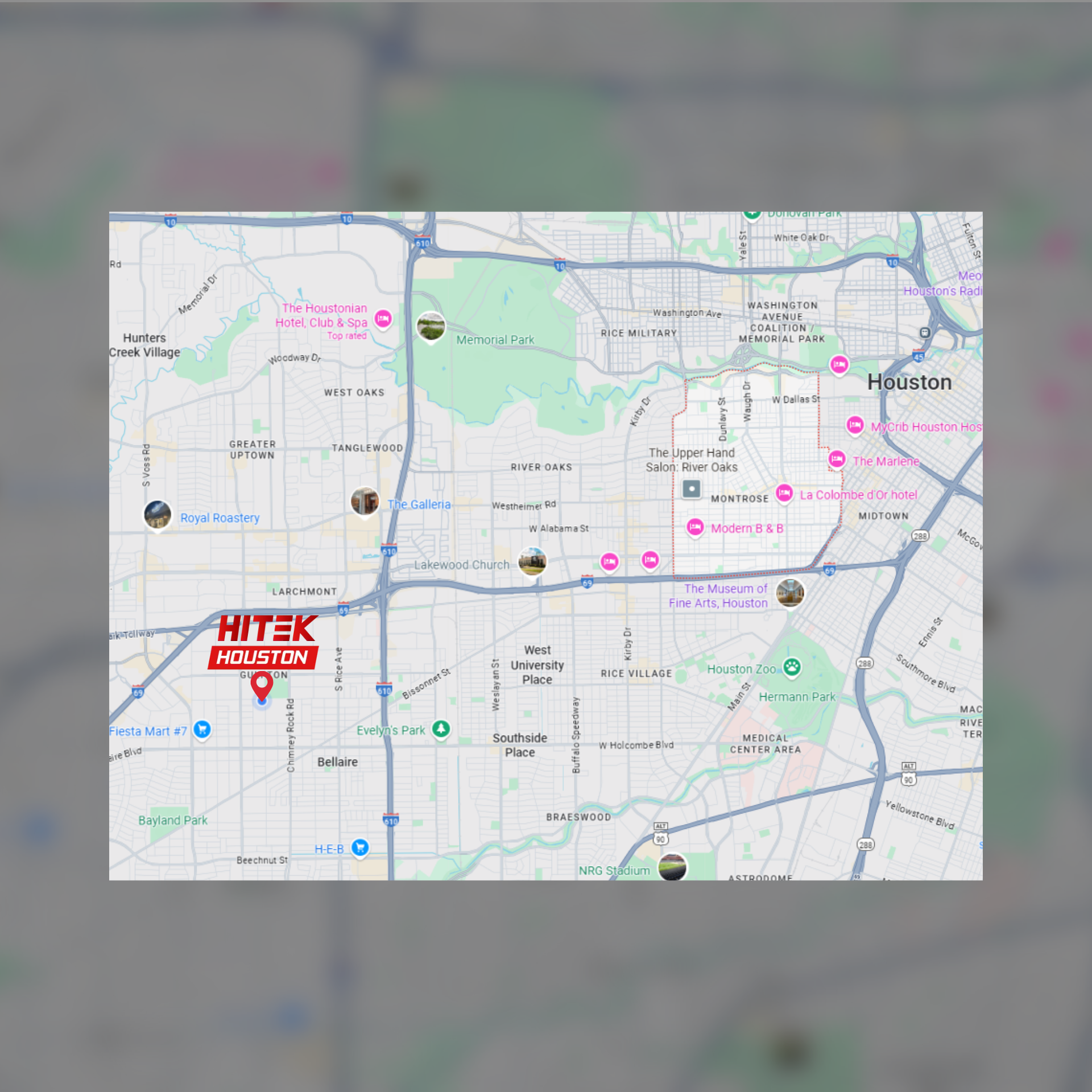 Map of Houston, Texas, with the location of Hitek Houston marked.