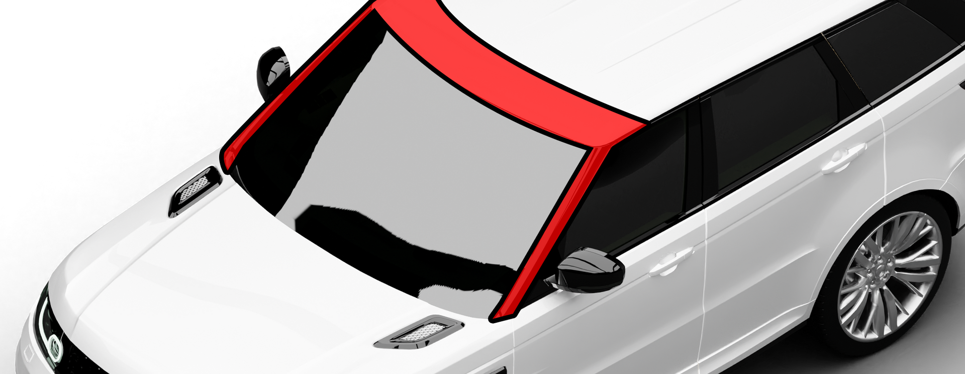 A white SUV with a red roof trim, showing the front windshield and side window.