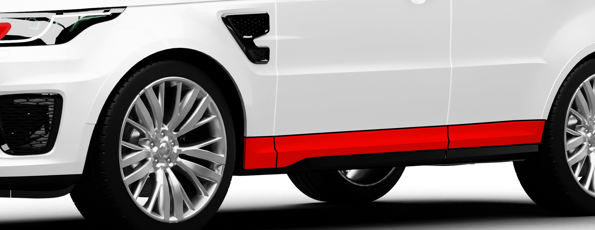 White SUV with a red stripe along the bottom side. Silver wheels are visible.