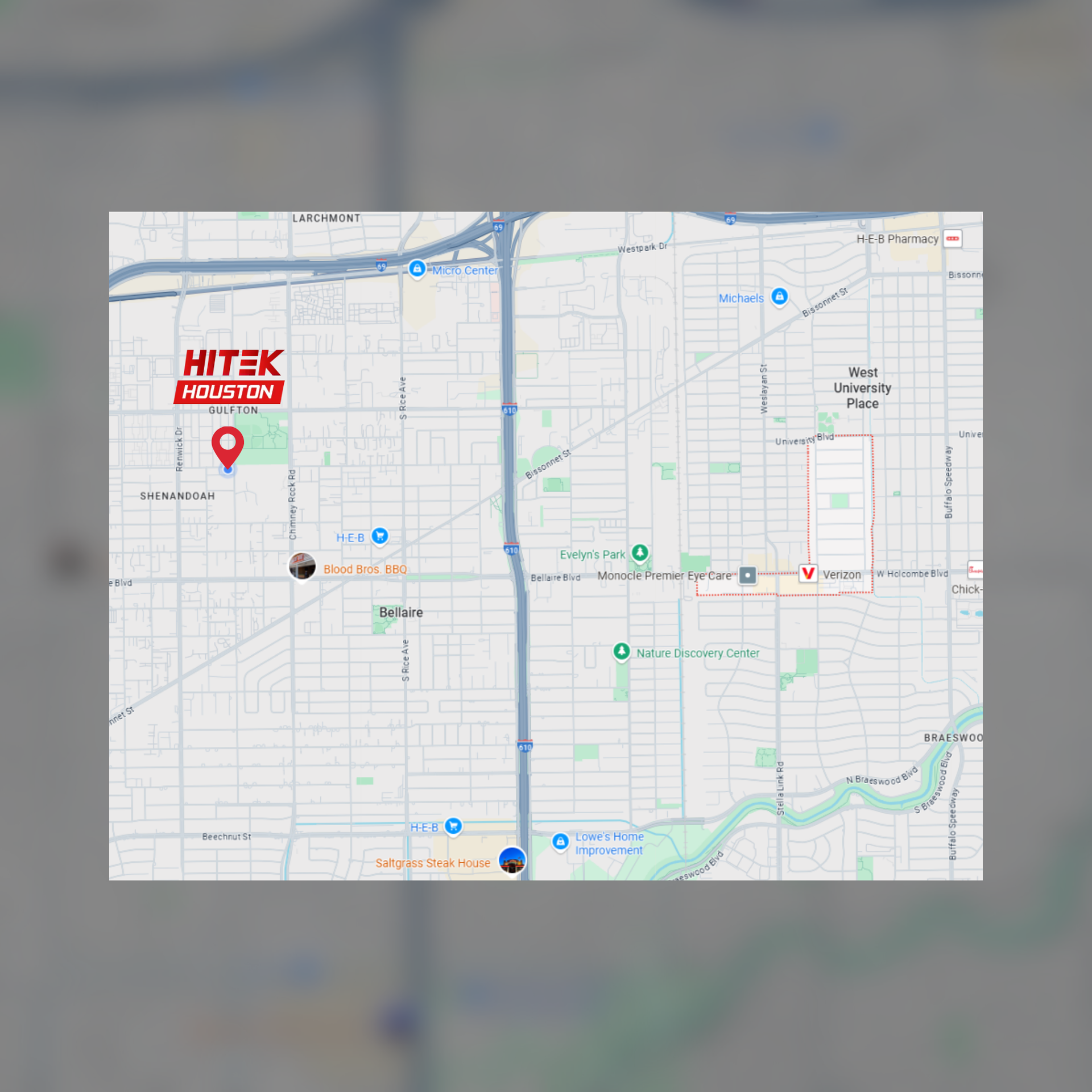 Map showing a red marker for Hitek, a business location, in an urban area.