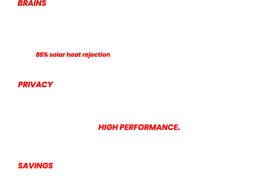 Text promoting window tinting benefits, with red text on white background. Keywords: brains, 88% solar heat rejection, privacy, high performance, savings.