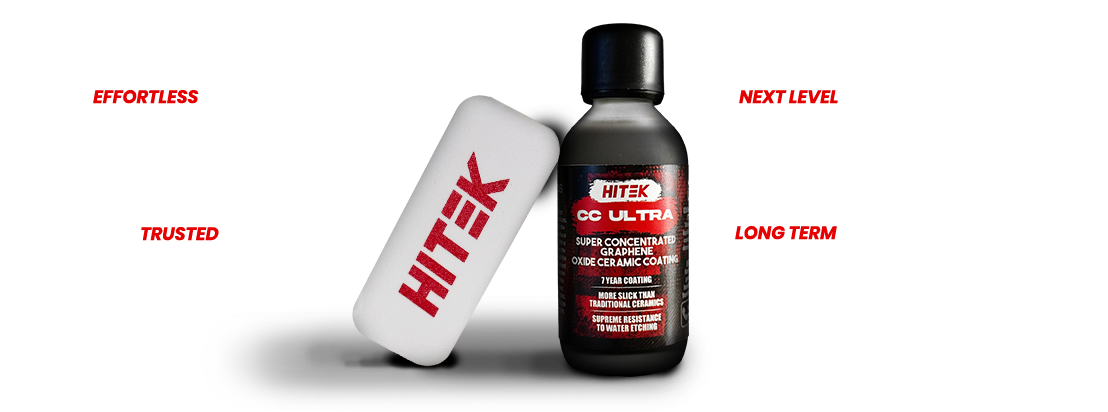 Product shot of HiTek branding, bottle of liquid and a wipe. Text reads