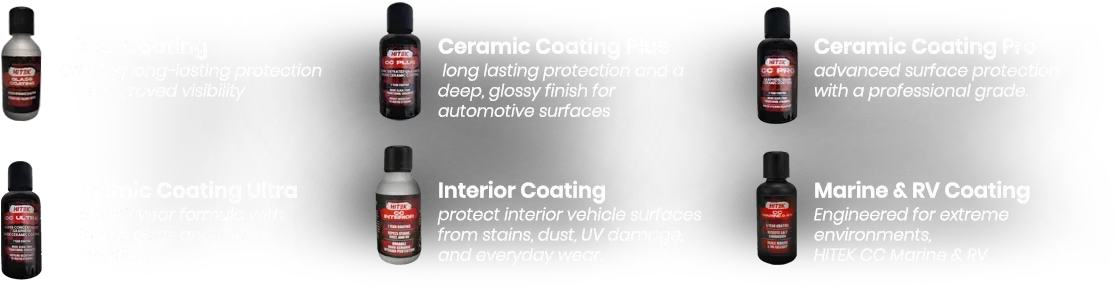 Bottles of car care products, text labels each product type: ceramic coating, wax coating.