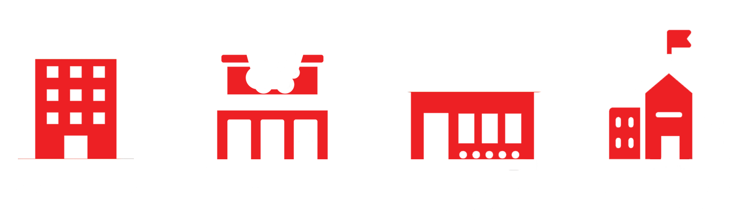 Red building icons in a row, depicting various structures, including a house, apartment building, factory, and school.