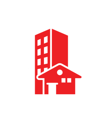 Red building icons in a row, depicting various structures, including a house, apartment building, factory, and school.