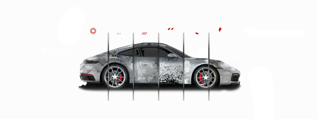 A silver sports car divided into sections with the word 