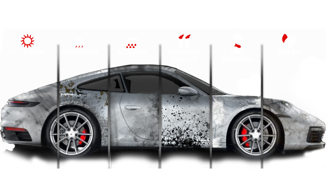 A silver sports car, partially dirty and damaged, is segmented by vertical lines.