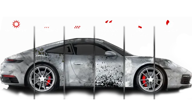 Silver sports car, dirty on the right side, clean on the left, separated by vertical lines.
