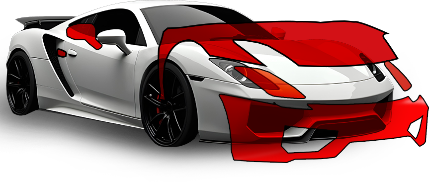 White sports car overlaid with red transparent sections, highlighting parts of the car's front.