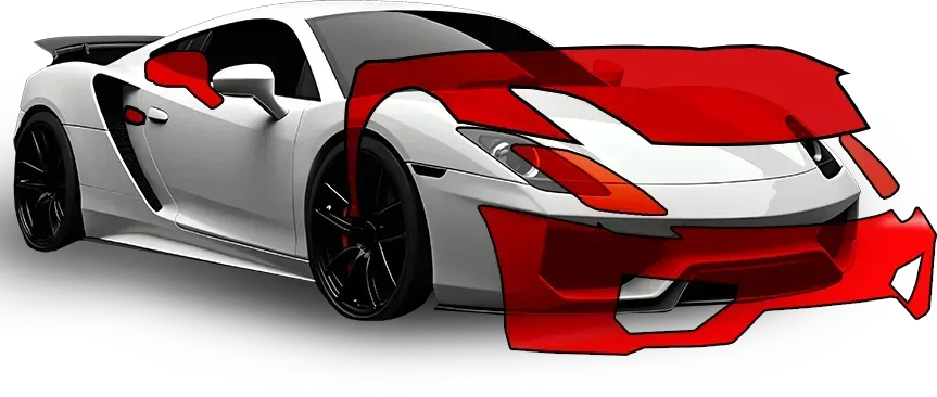 White sports car with red overlays highlighting paint protection film coverage.