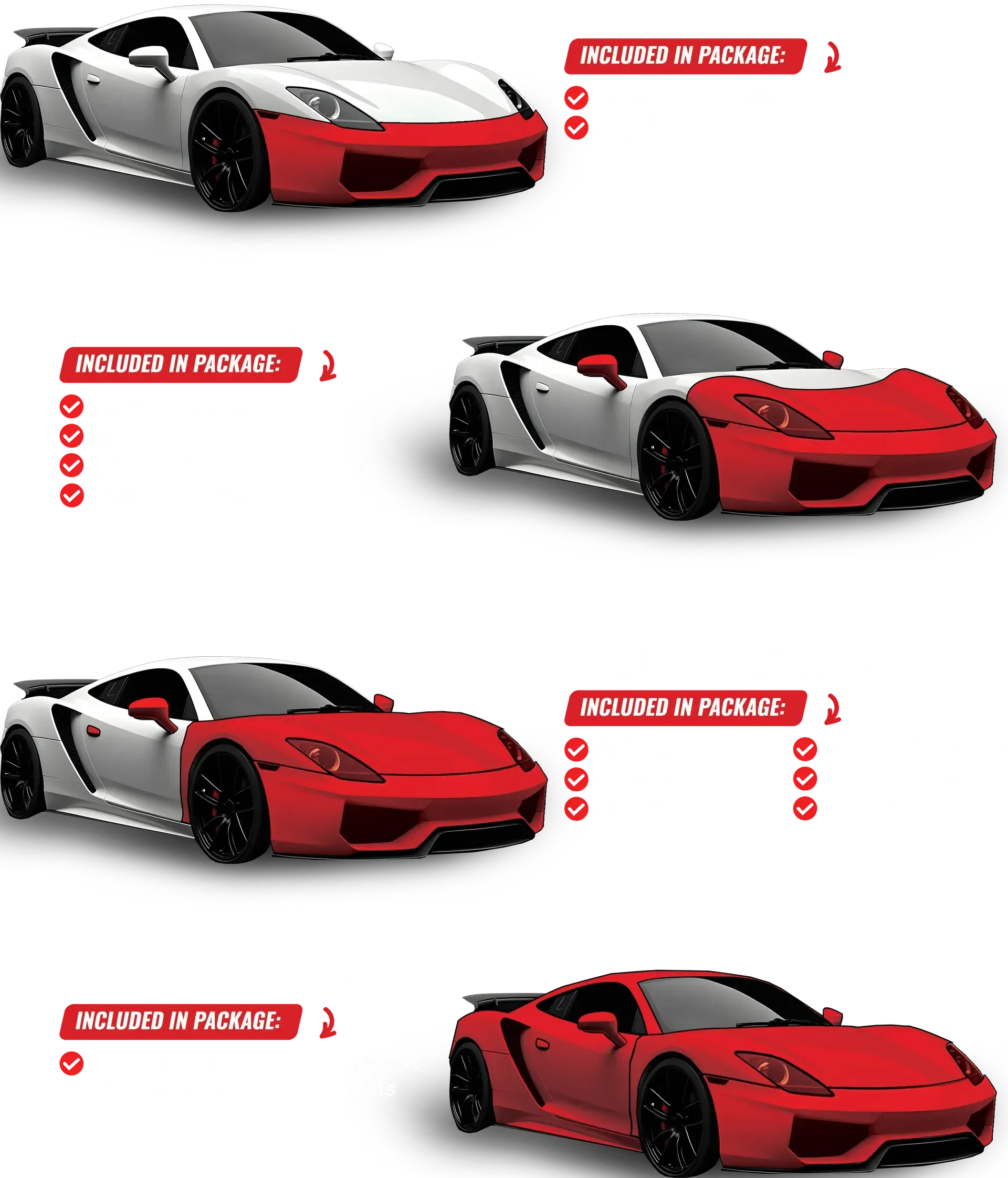 Four sports cars with red and white paint schemes demonstrate customization options.
