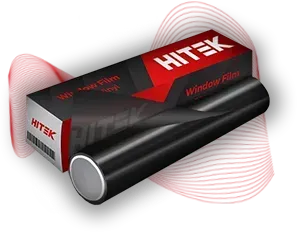 Roll of black window tint film next to its box, against a red swirl background.