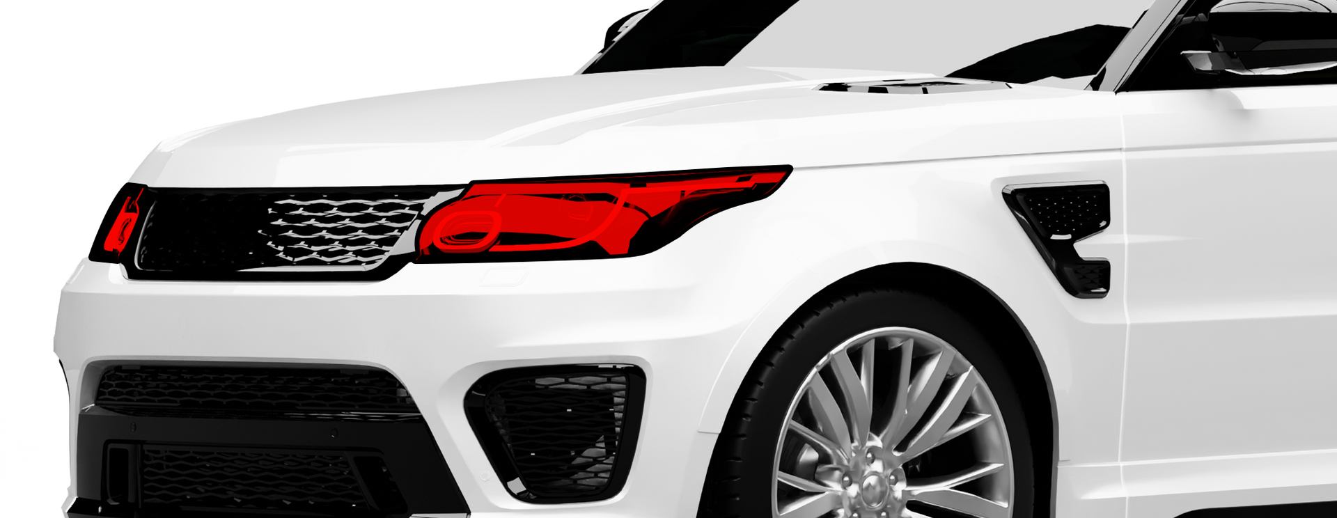 White SUV with red tinted headlights, black grill and a black front bumper.