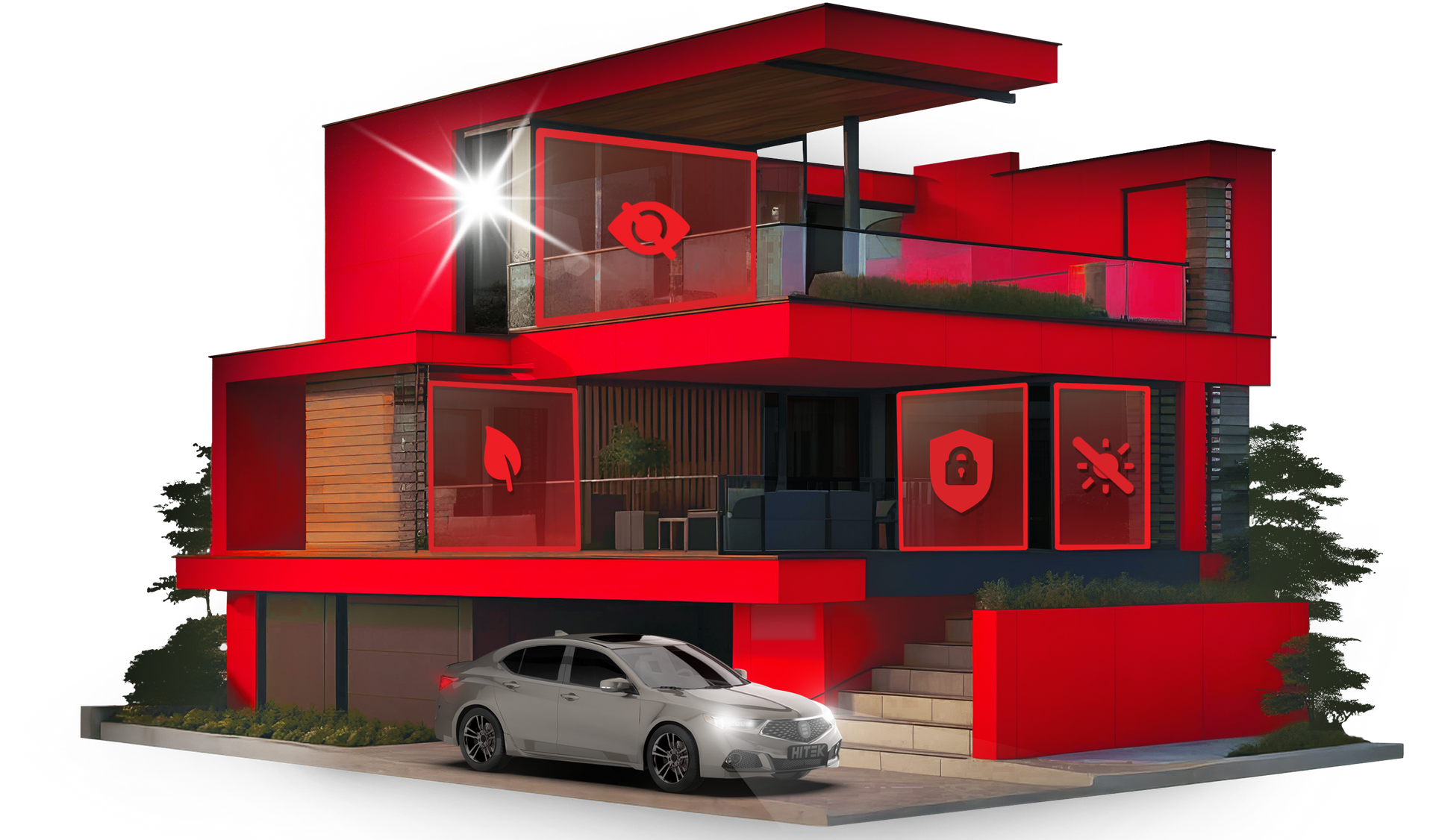 A modern, red house with a car parked in front, featuring security icons overlaid on the windows.