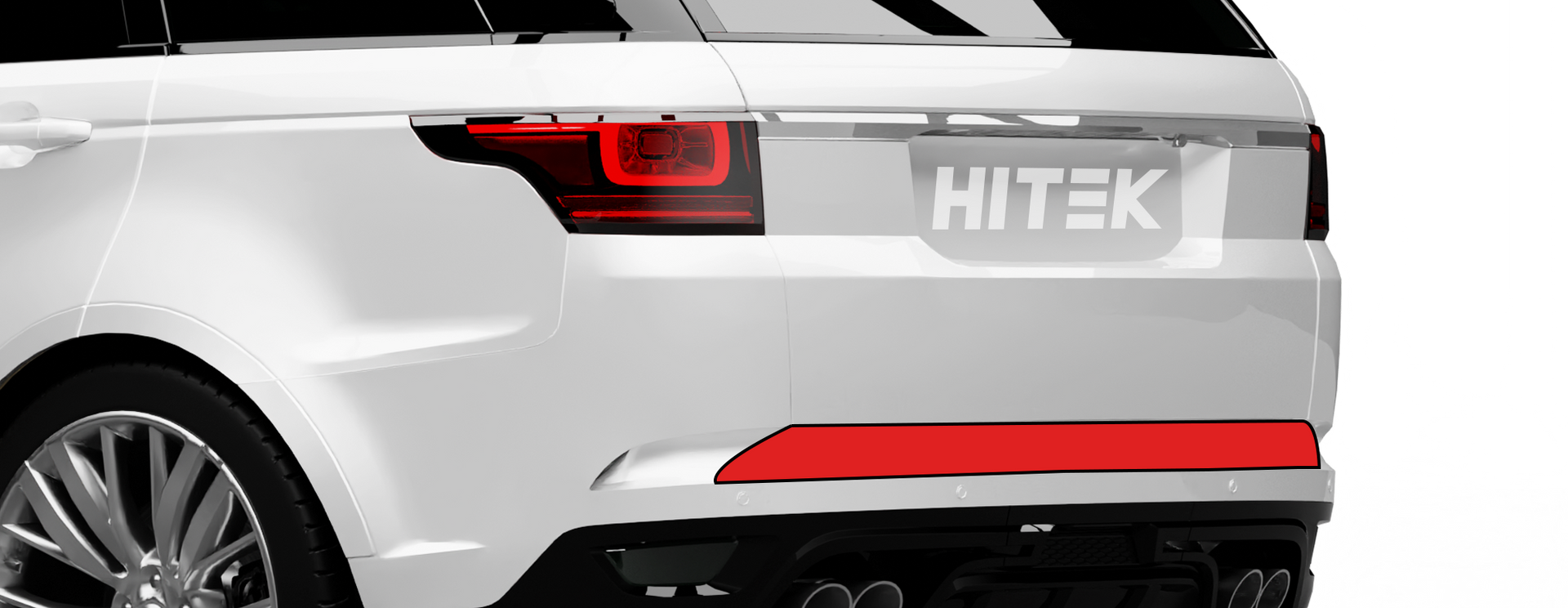 White car's rear end with a red stripe, red taillight, and the word 
