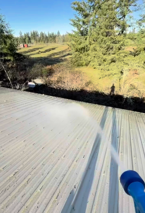 A person is spraying water on a roof with a hose.