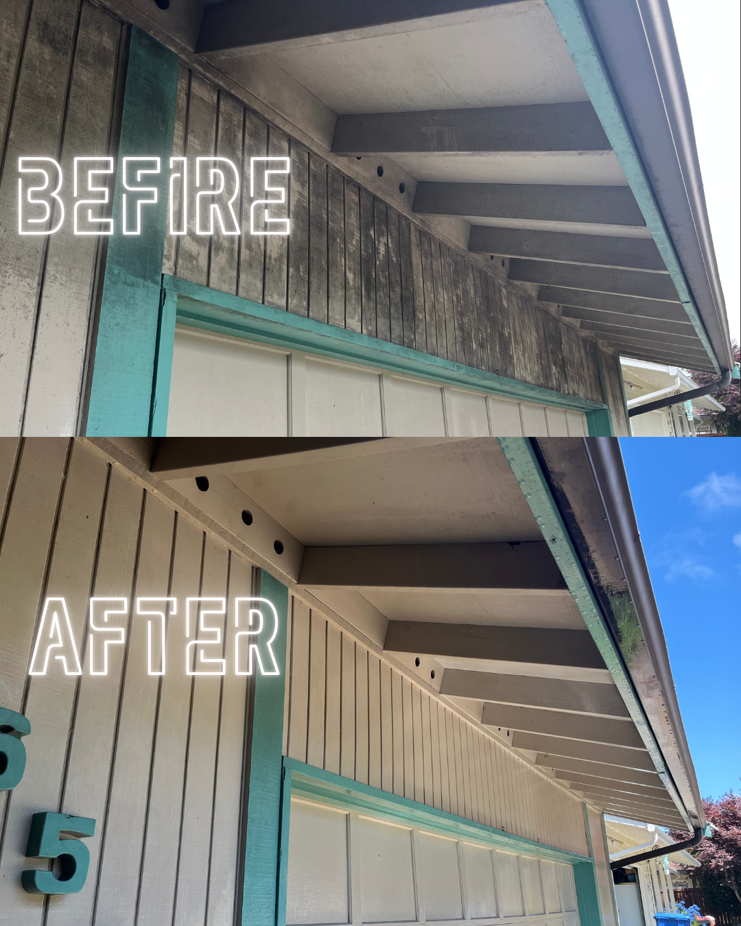 A before and after picture of the roof of a house.