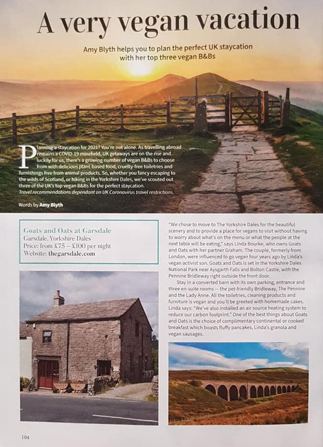 Full page Vegan vacation feature in VeganLife magazine including sunset image of a field in the Yorkshire Dales