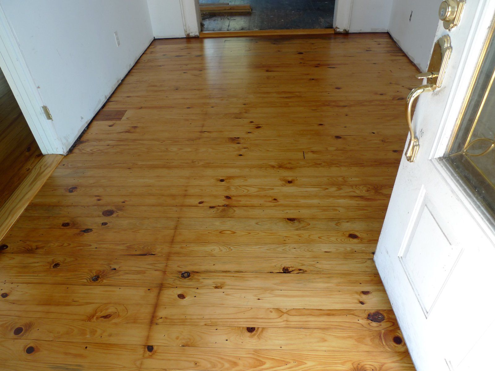 A hallway with a wooden floor and a white door