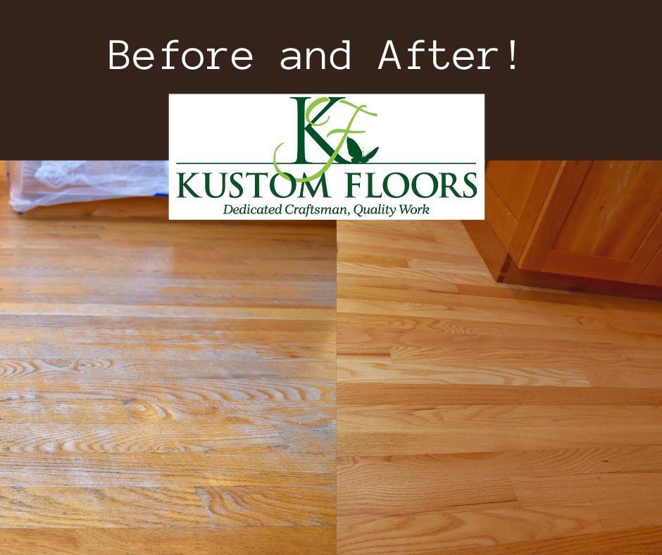 A before and after photo of a wooden floor from kustom floors
