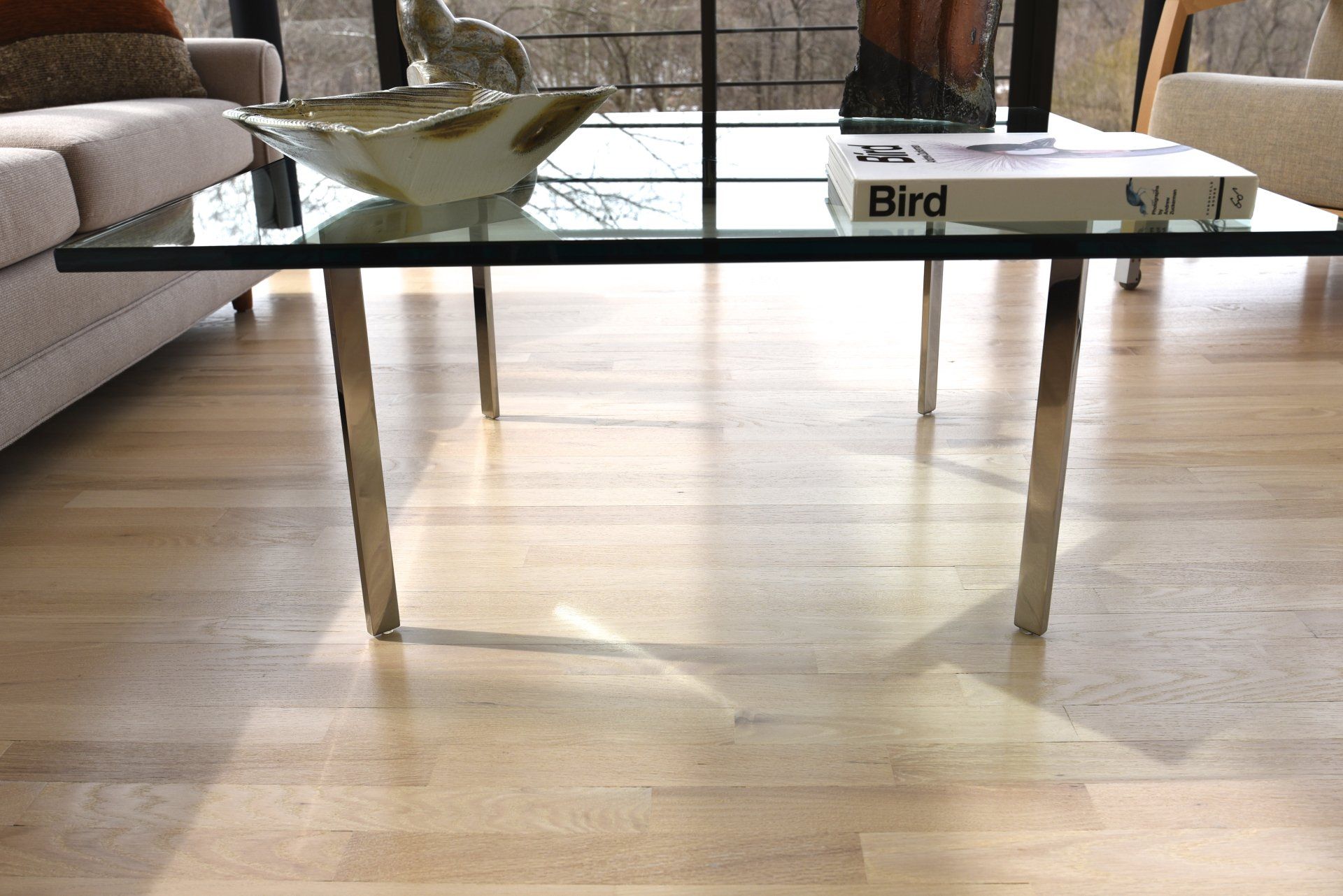 A glass coffee table with a bird book on it