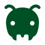A green ant with two eyes and a mouth on a white background.