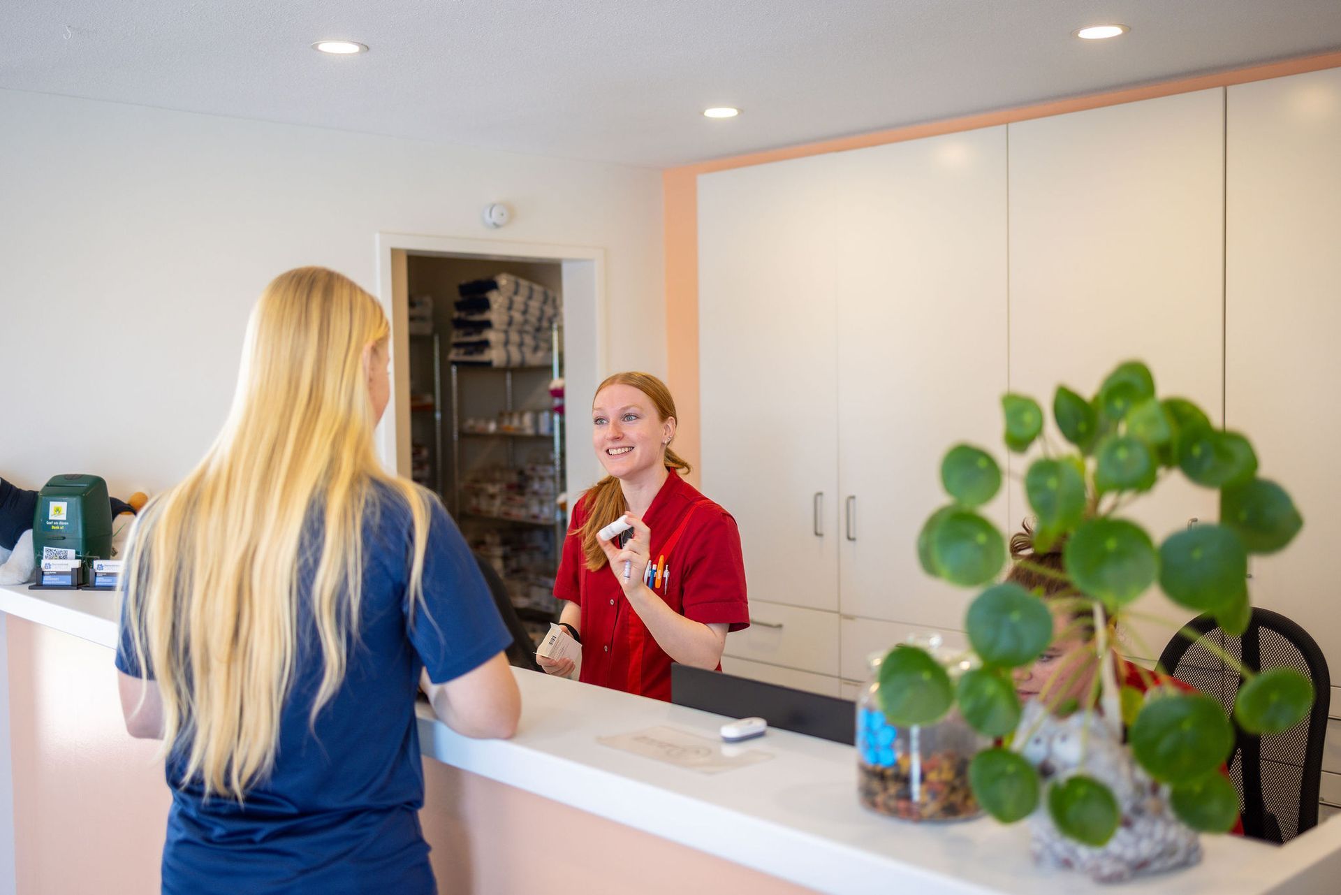 Medewerker van Dierenkliniek Capelle helpt een klant aan de balie