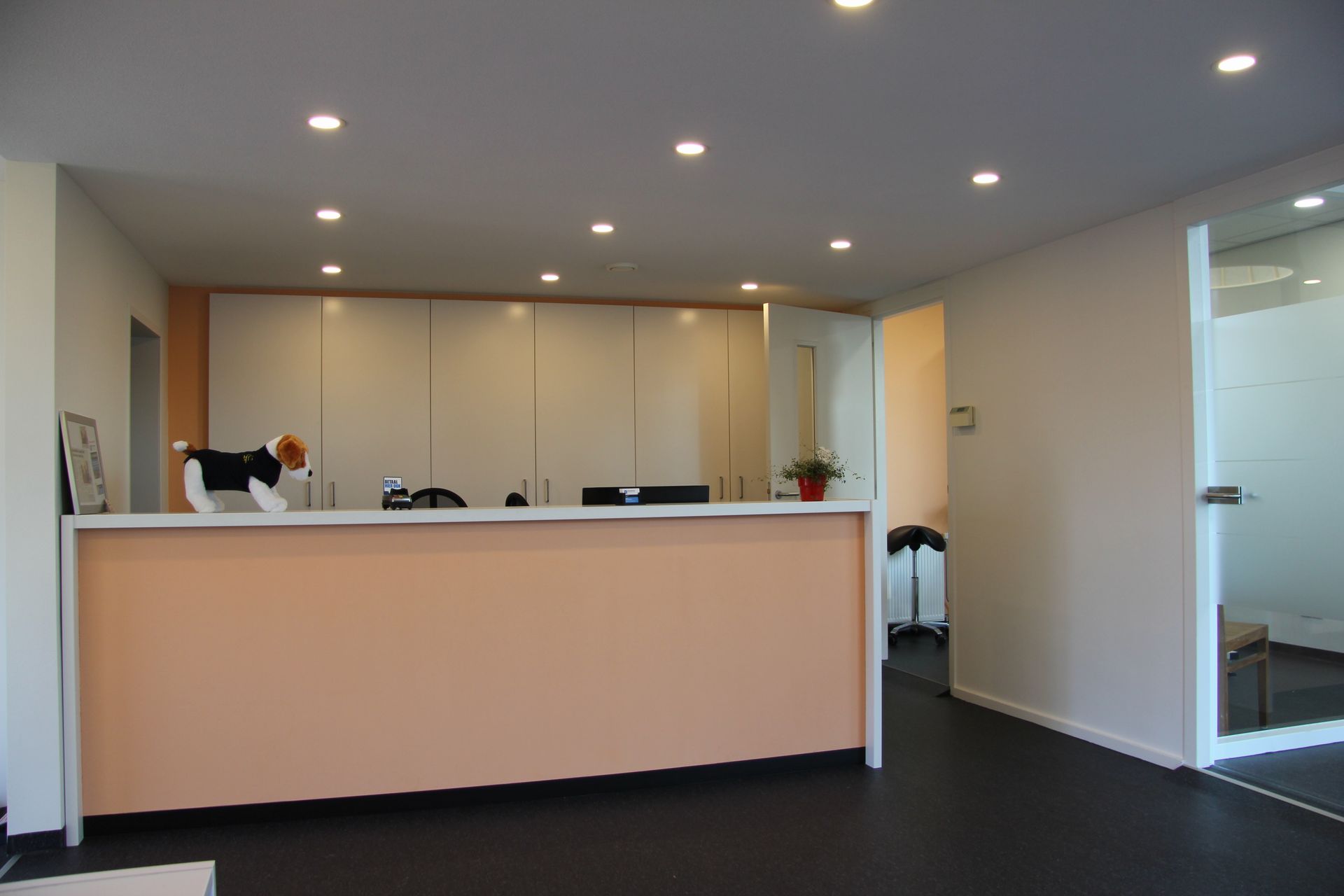 Moderne kantoorontvangstruimte met een wit bureau, inbouwverlichting en glazen deuren.
