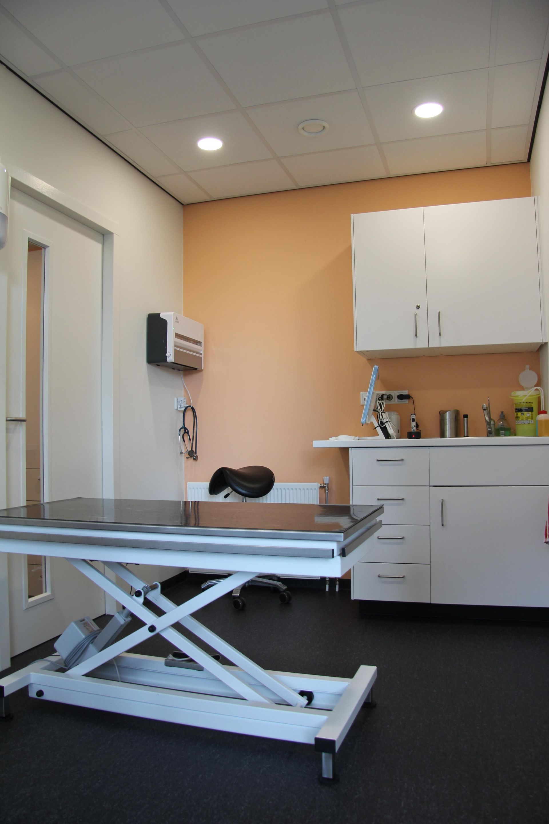 Fysiotherapieruimte met een verstelbare behandeltafel, kasten, wastafel en aan de muur gemonteerde apparatuur.