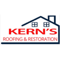 Logo for Kern's Roofing & Restoration; white house outline with red text 