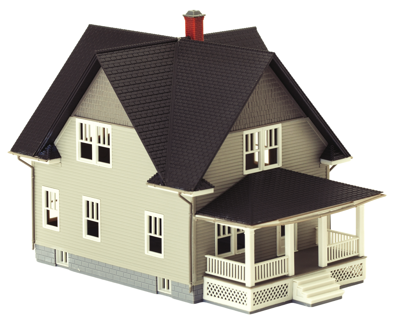 A model house with a black roof and a porch A model house with a black roof and a porch