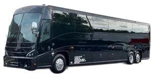 Black charter bus with tinted windows parked on a white background.
