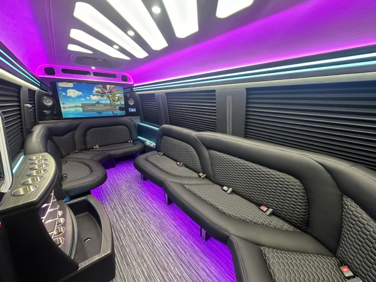 Interior of a party bus with black leather seating, a large screen, and purple lighting.