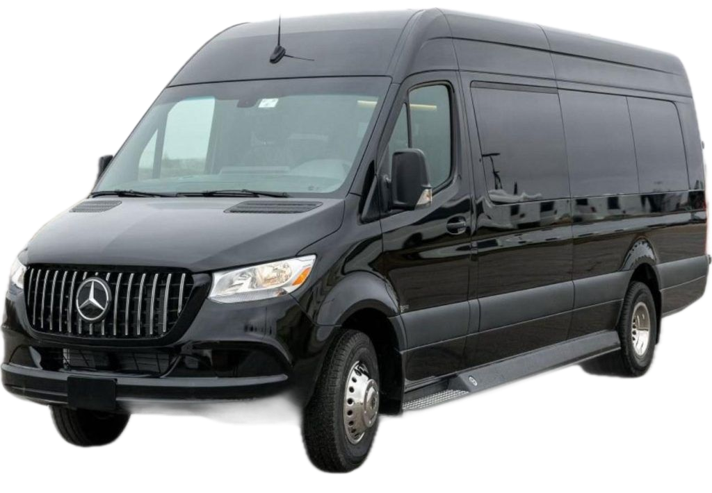 Black Mercedes-Benz passenger van with tinted windows, parked on a paved surface.