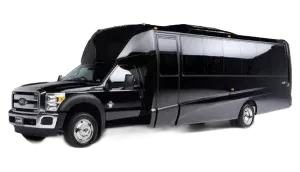 Black party bus with door open, on a white background.