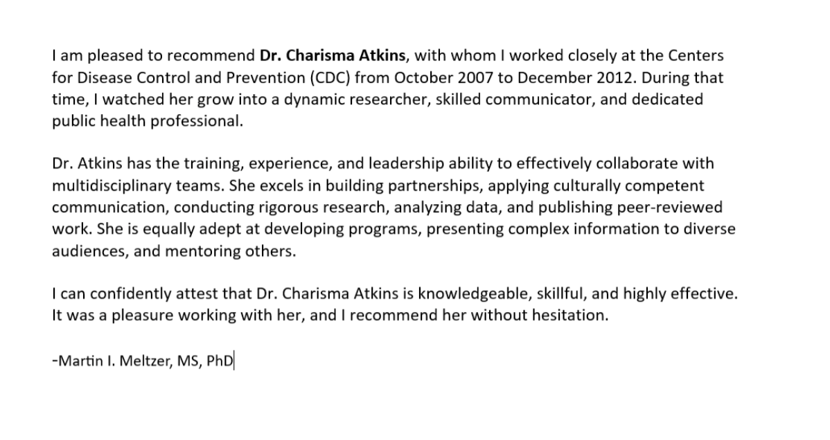 Recommendation letter praising Dr. Charme Atkins' skills and work at CDC.