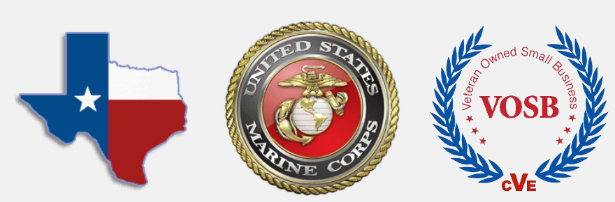 A texas flag a united states marine corps logo and a vosb logo