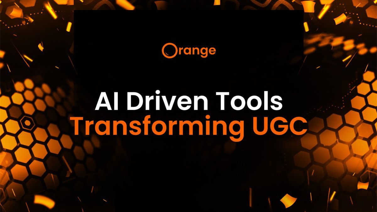 Graphic text saying AI Driven Tools Transforming UGC with a hexagon abstract orange color background