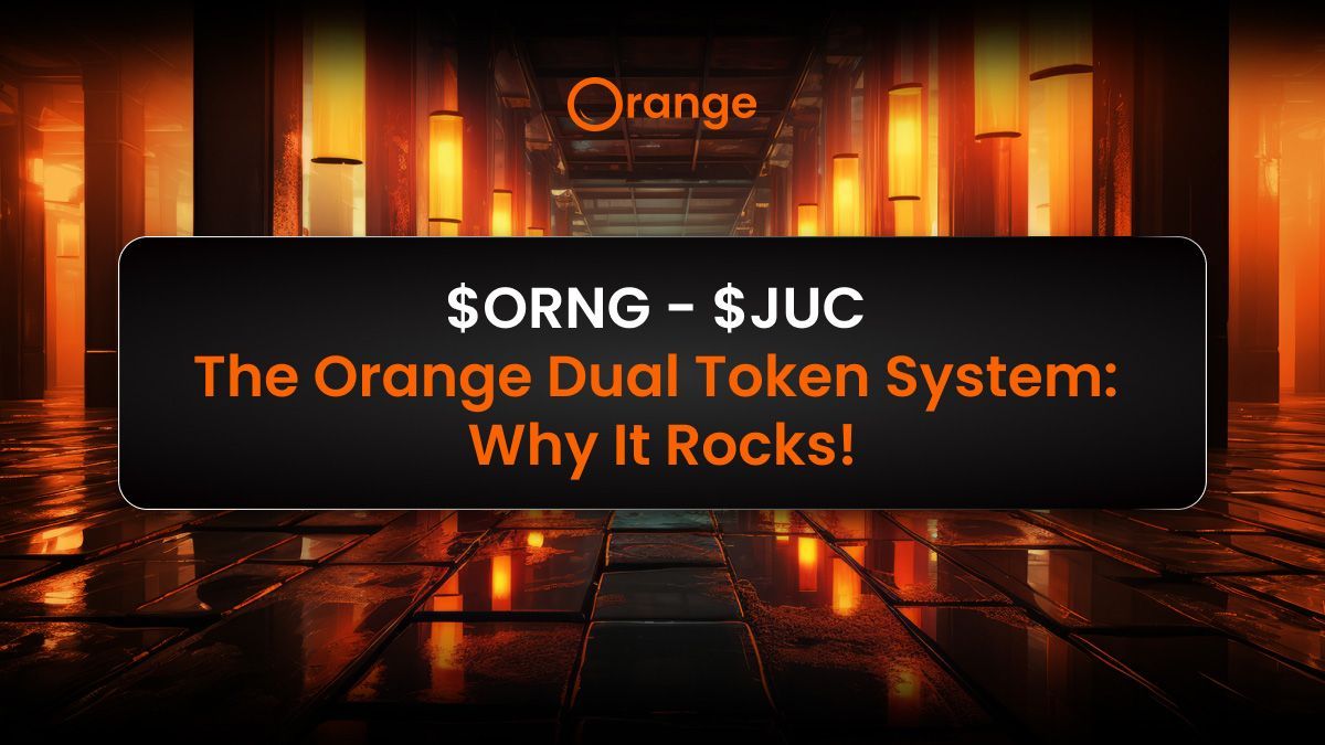 Graphic text showing $ORNG - $JUC The Orange Dual Token System: Why It Rocks! with hallway look bg