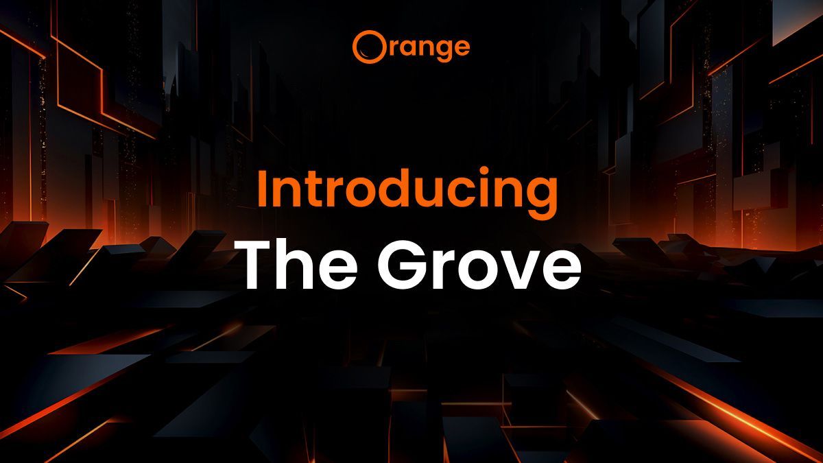 Graphic text with a title Introducing The Grove in the center of the image and abstract background