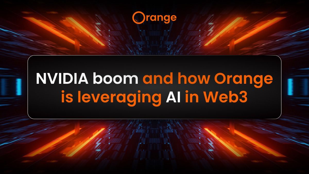 Graphic text showing NVIDIA boom and how Orange is leveraging AI in Web3 in a hyper looking room bg