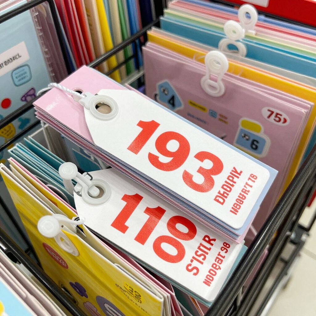 Price tags with large red numbers hang from colorful file folders in a wire rack.