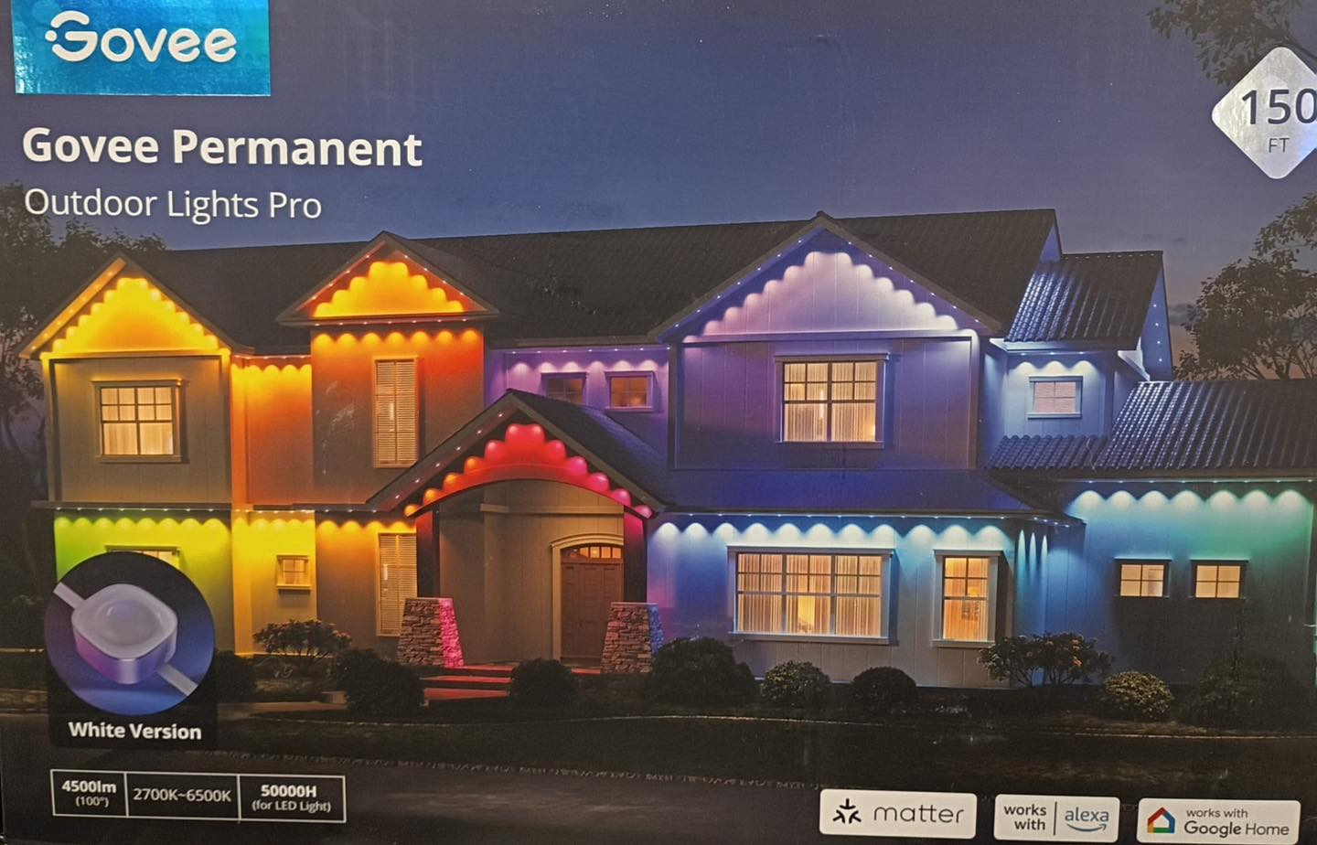 Box showing a house with multi-colored Govee permanent outdoor lights installed on the roof and trim.